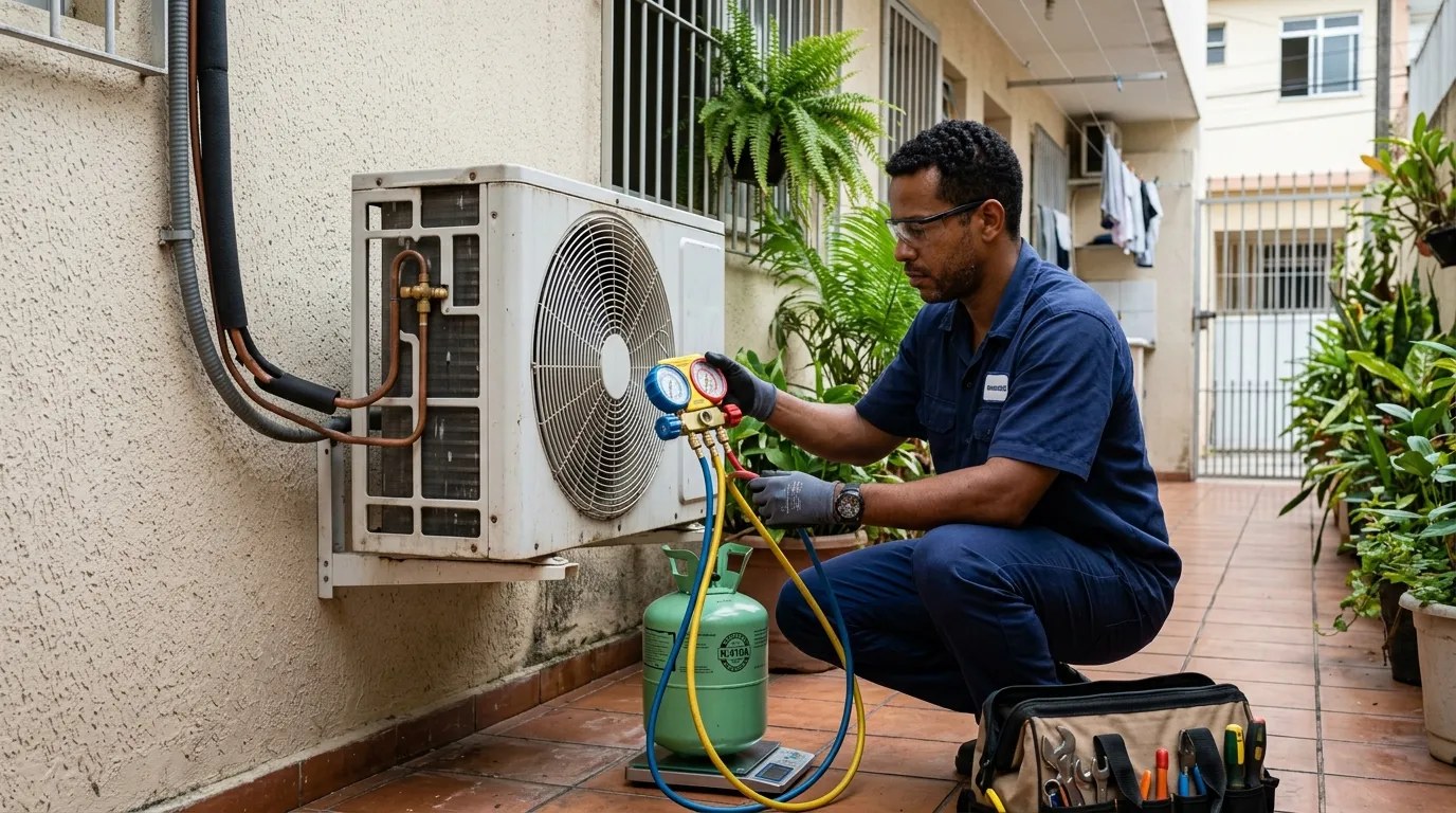 Técnico fazendo carga de gás na condensadora do ar-condicionado em Palmas‑TO