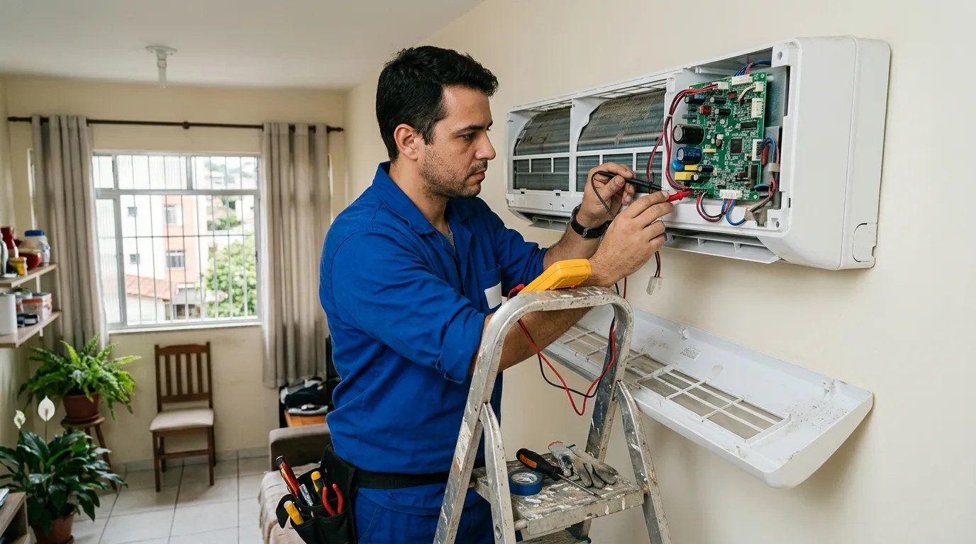Técnico trocando a placa eletrônica de ar-condicionado split em Palmas‑TO