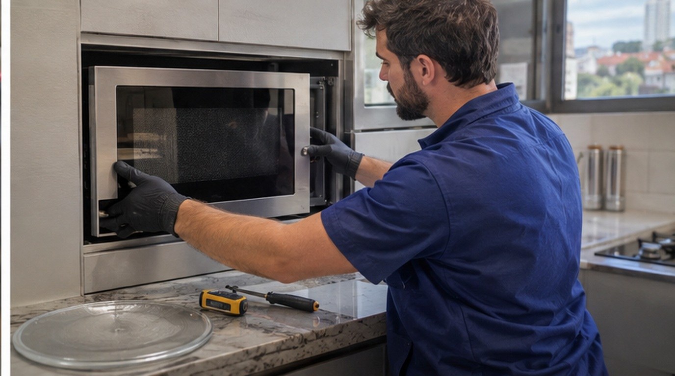 Conserto de micro-ondas de embutir em Palmas‑TO: técnico encaixando o aparelho no armário