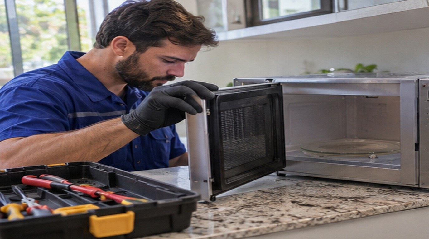 Conserto de micro-ondas em Palmas‑TO: técnico abrindo um micro-ondas de bancada