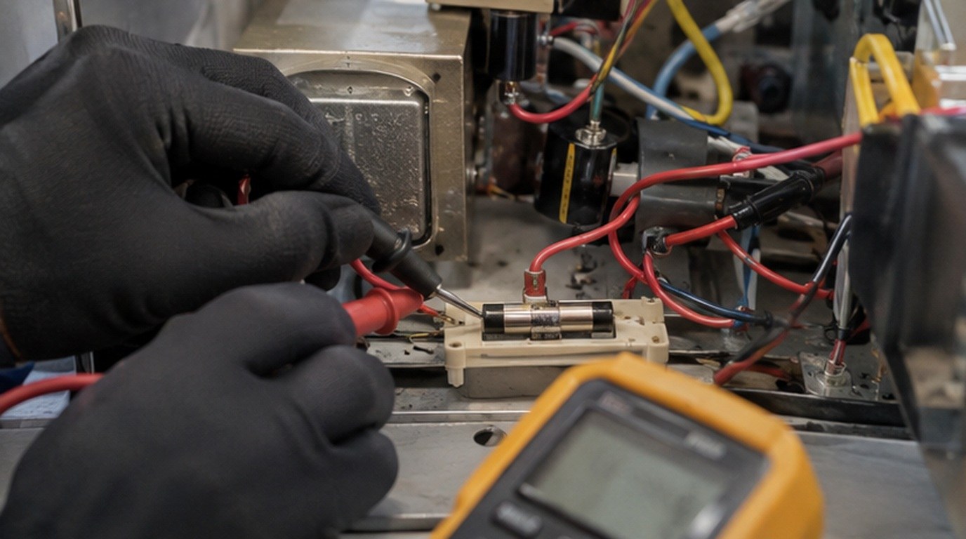 Conserto de micro-ondas em Palmas‑TO: teste do fusível e do diodo de alta tensão