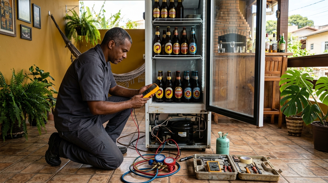 Placa eletrônica de cervejeira em reparo na bancada em Palmas‑TO
