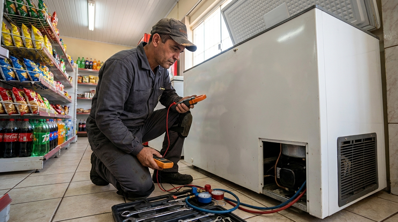 Reparo da placa eletrônica de um freezer em atendimento na Graciosa, Palmas‑TO