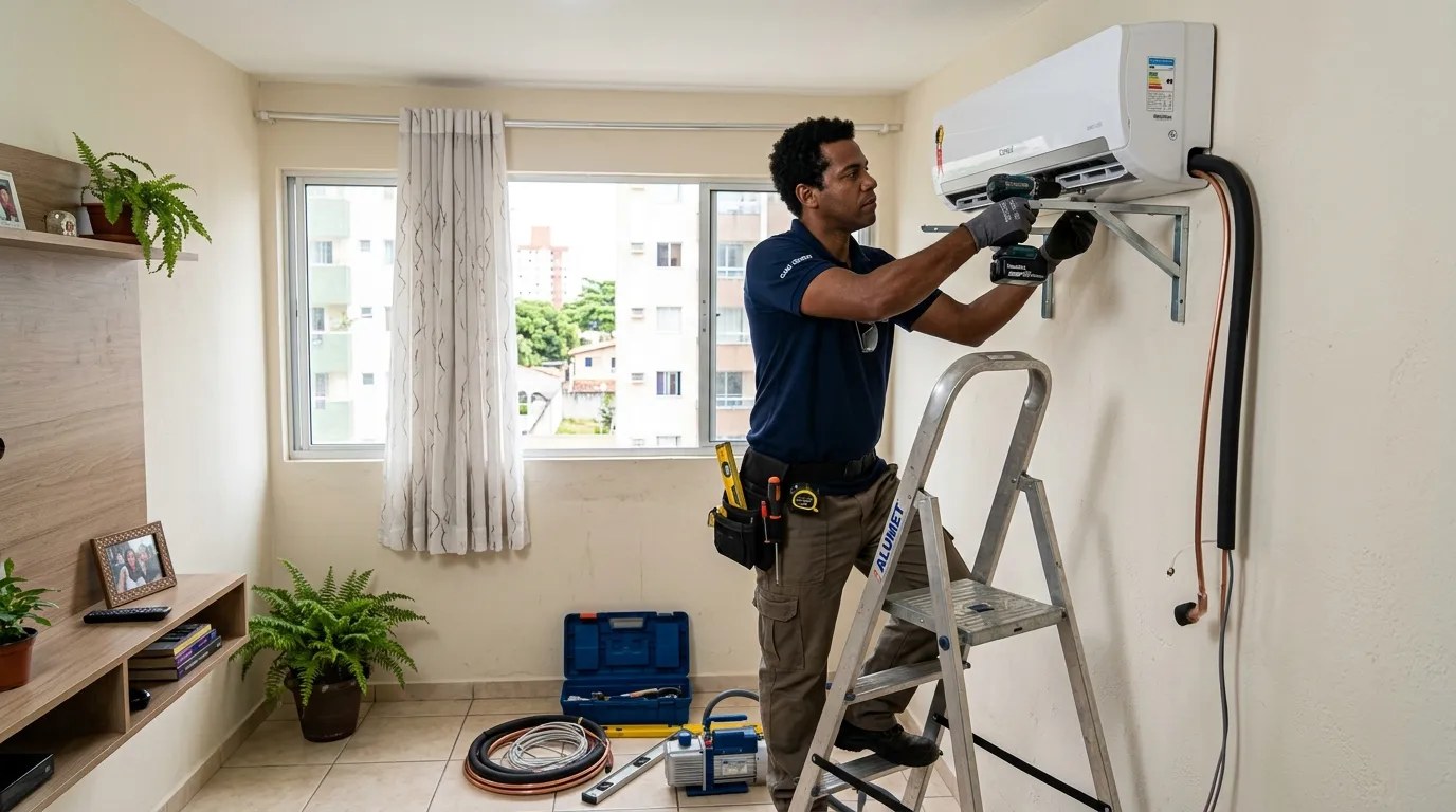 Técnico instalando ar-condicionado split em residência em Palmas‑TO
