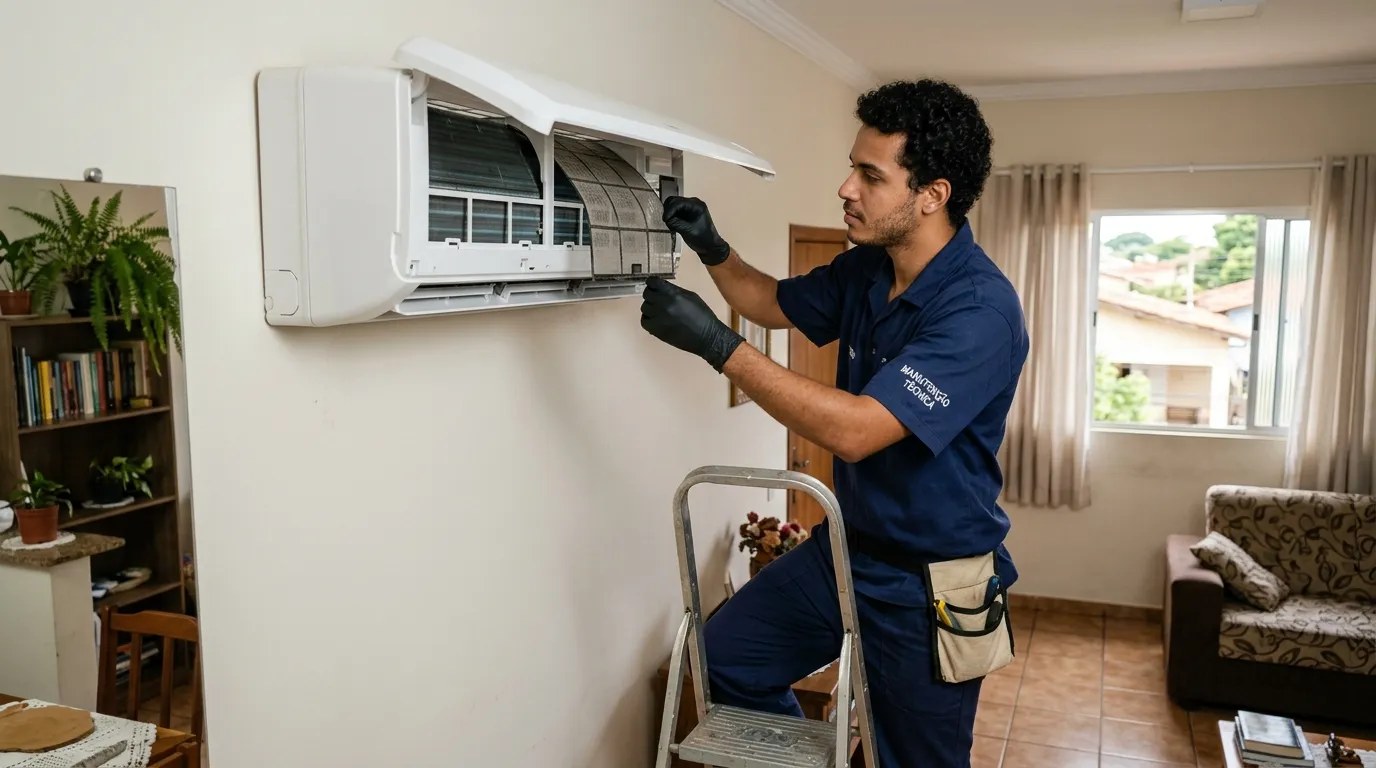 Técnico fazendo limpeza e higienização de ar-condicionado split em Palmas‑TO