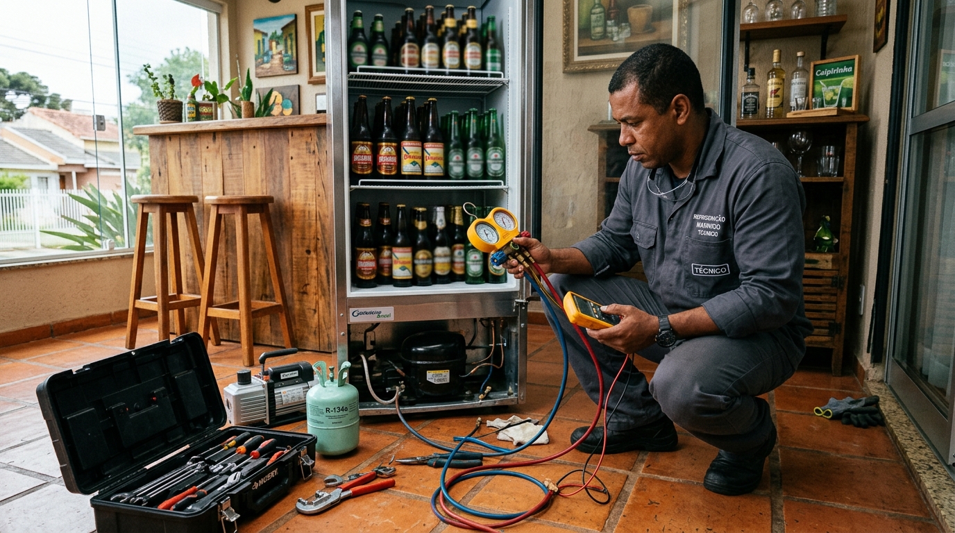 Técnico revisando o motor de uma cervejeira durante chamado em Palmas‑TO