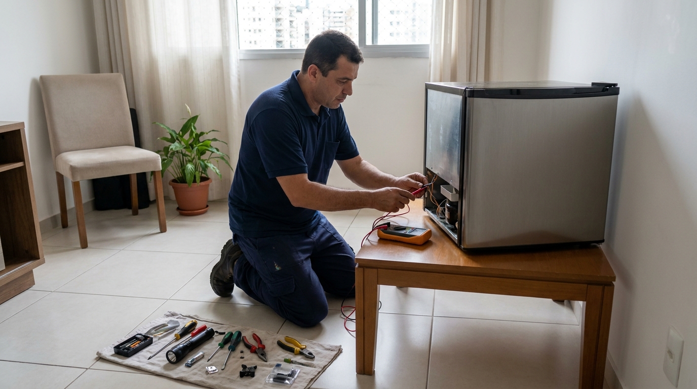 Técnico revisando o motor de um frigobar na Graciosa, Palmas‑TO