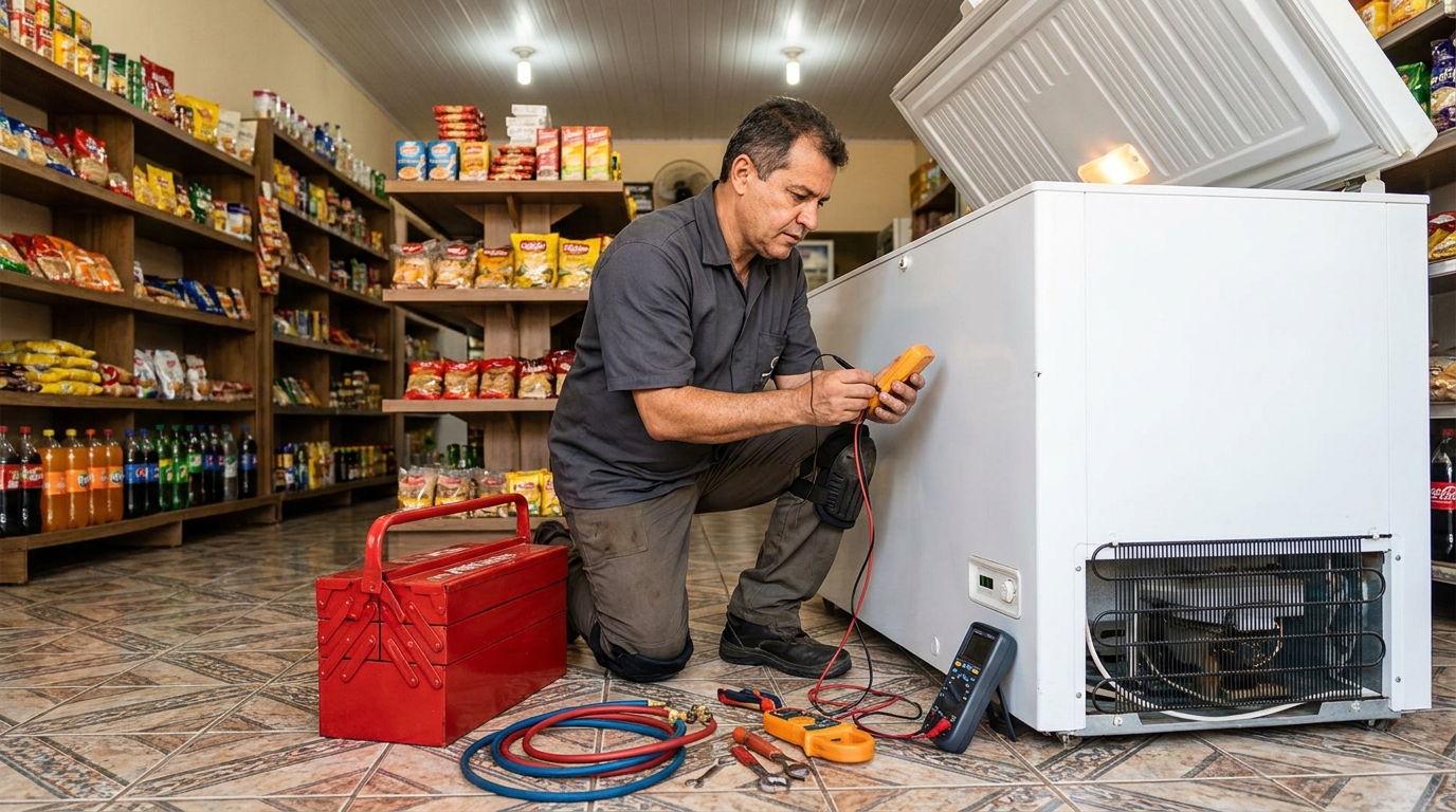 Manômetro conectado ao circuito durante recarga de gás de freezer na Graciosa, Palmas‑TO