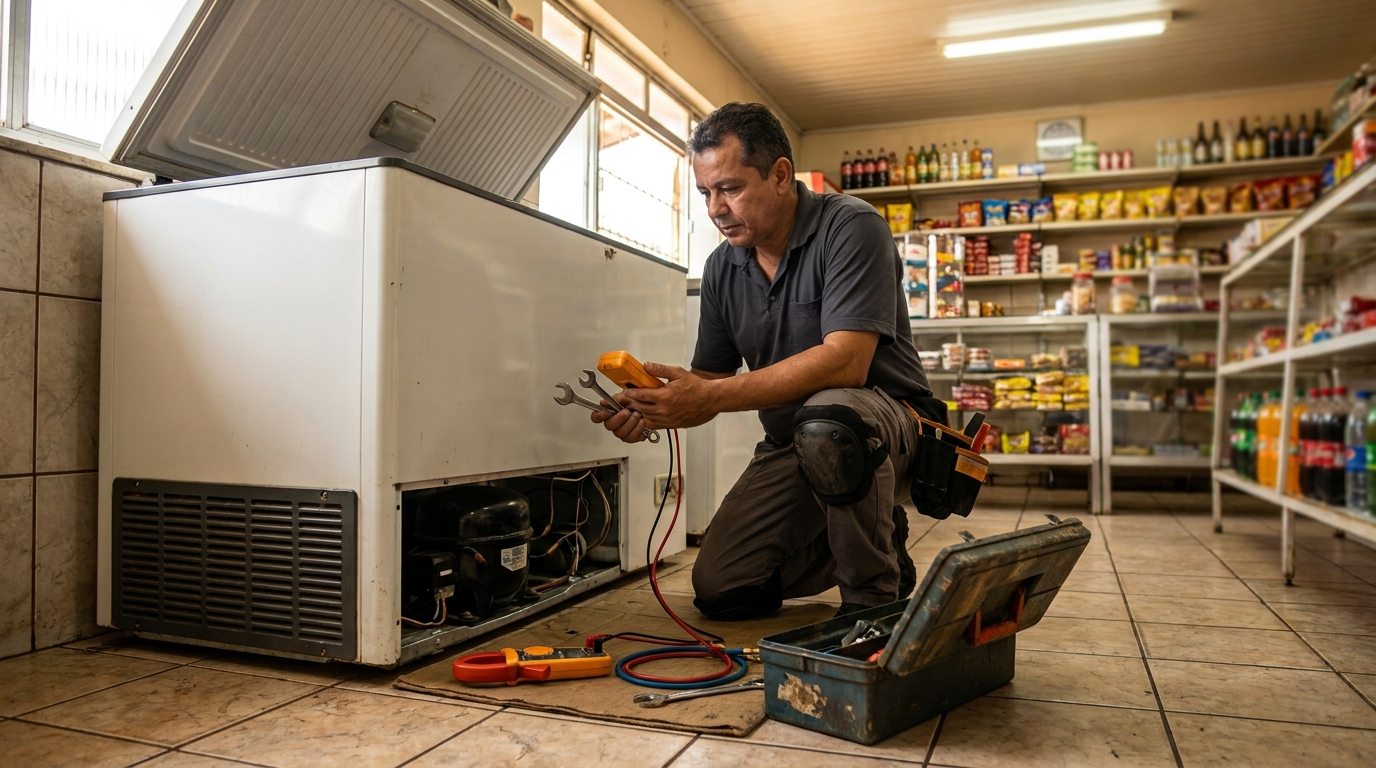 Técnico avaliando um freezer vertical durante atendimento na Graciosa, Palmas‑TO