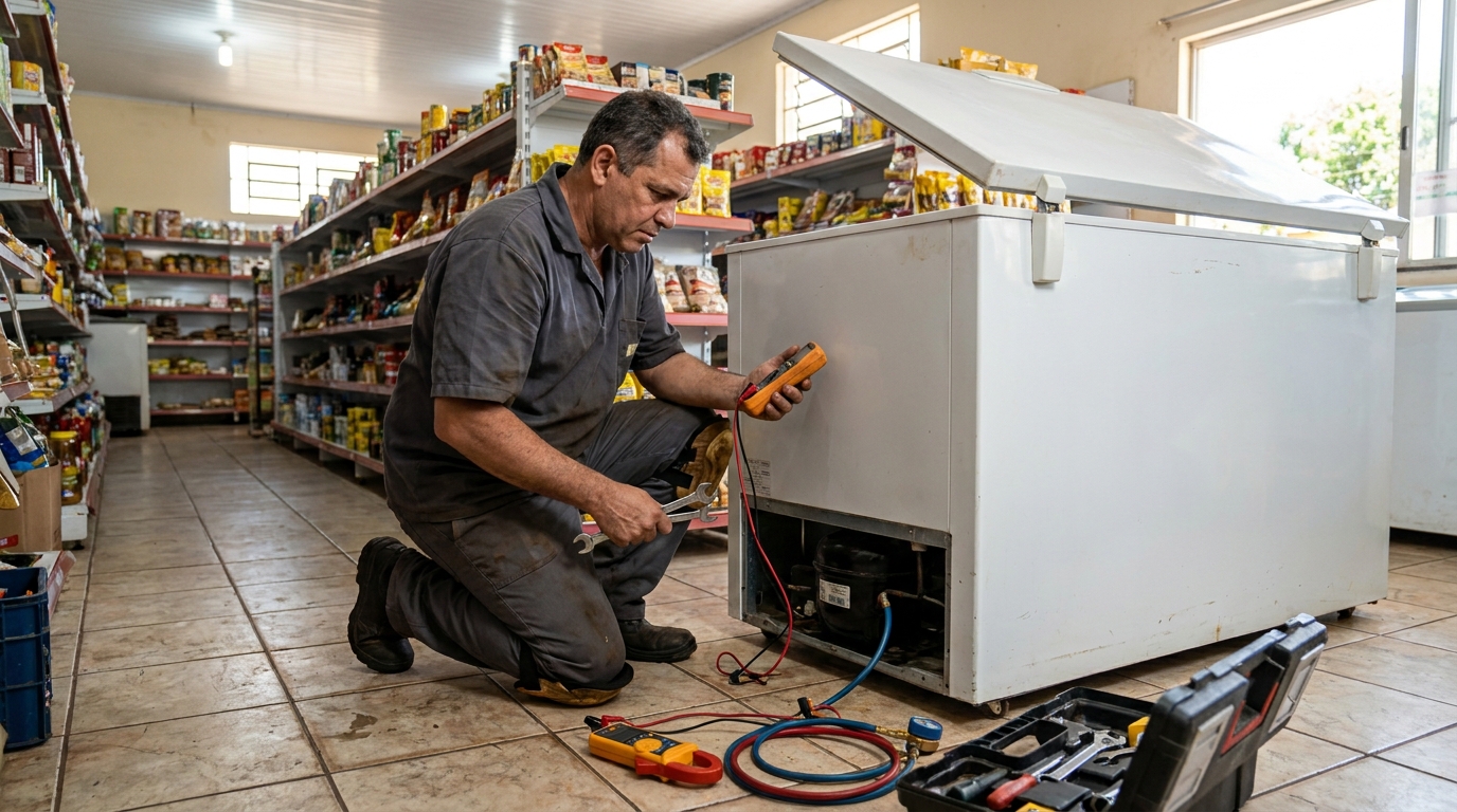 Substituição do termostato de um freezer durante visita técnica na Graciosa, Palmas‑TO